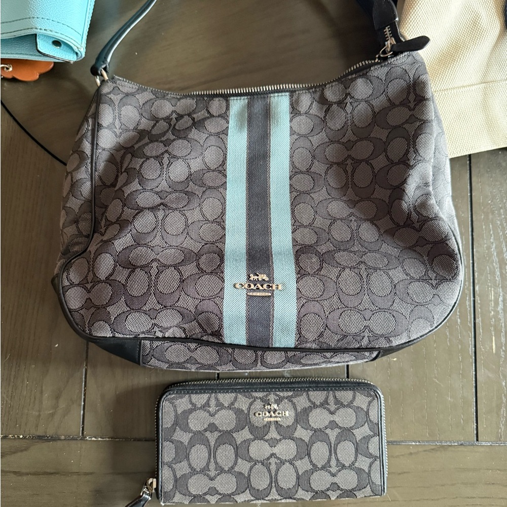 Coach Gray and Blue Signature Shoulder Bag with Hobo Design